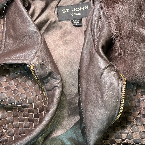 ST. JOHN - WOVEN LEATHER JACKET - WITH REMOVABLE RABBIT FUR COLLAR- WOMENS LARGE - Picture 13 of 15